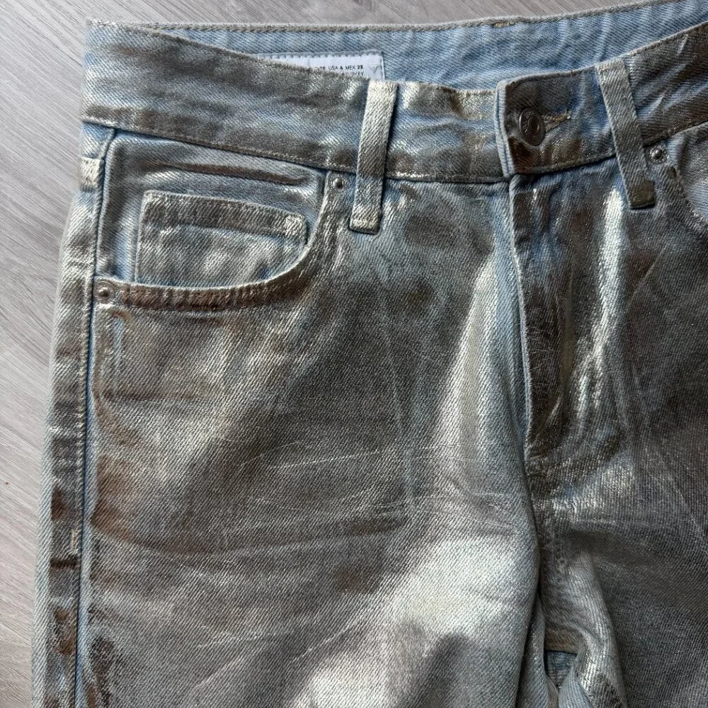 ZARA Gold Metallic Foil High Rise Straight Leg Jeans US 4 EU 36 Ref 6045/217 - Picture 3 of 11